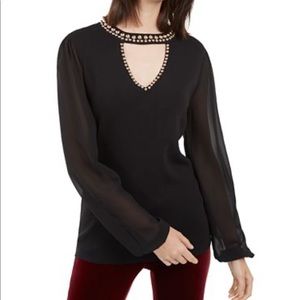 INC studded keyhole top with chiffon sleeves